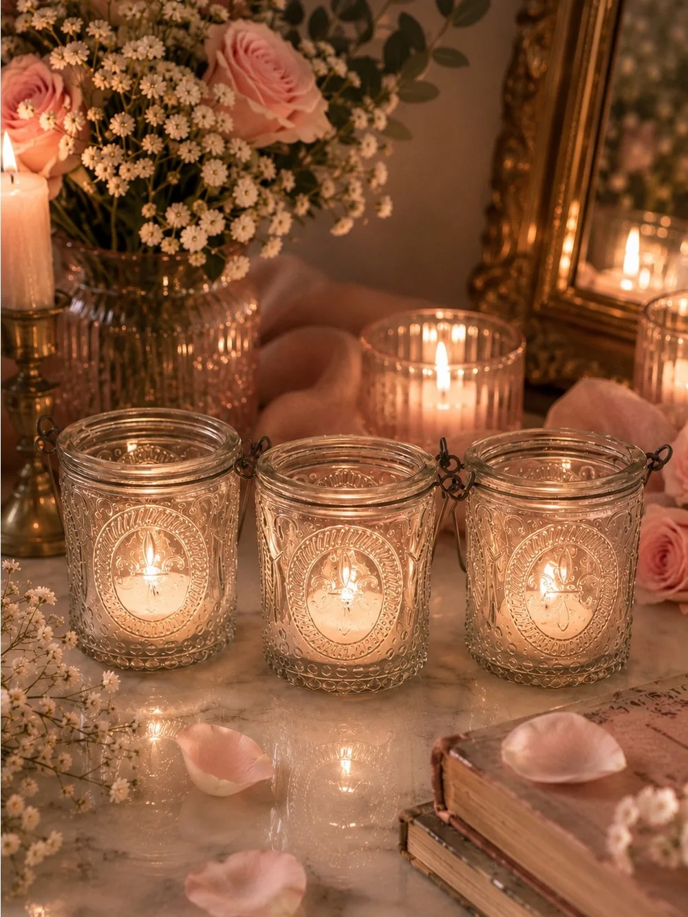 Set of 3 Fleur de Lis Glass Votive Candle Holders French Cottage Farmhouse